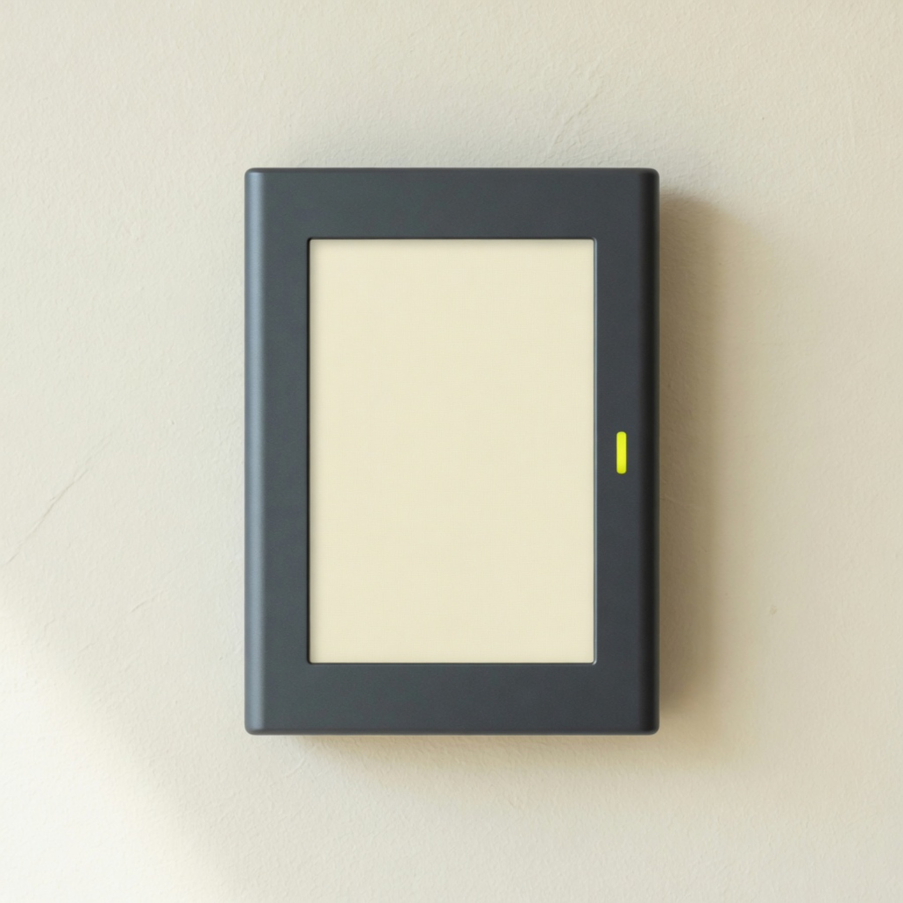 Dispositivo IDClock rectangular en la pared, con nombre de empresa, hora, QR dinámico e idclock.app.